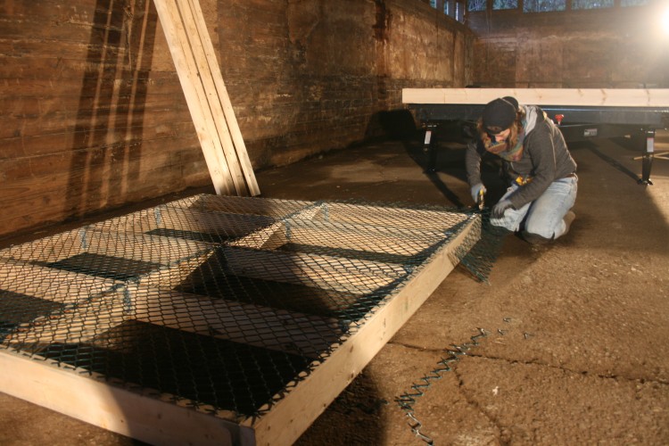 Carly finishing of attaching the insulation supports to the first of three blocking sections