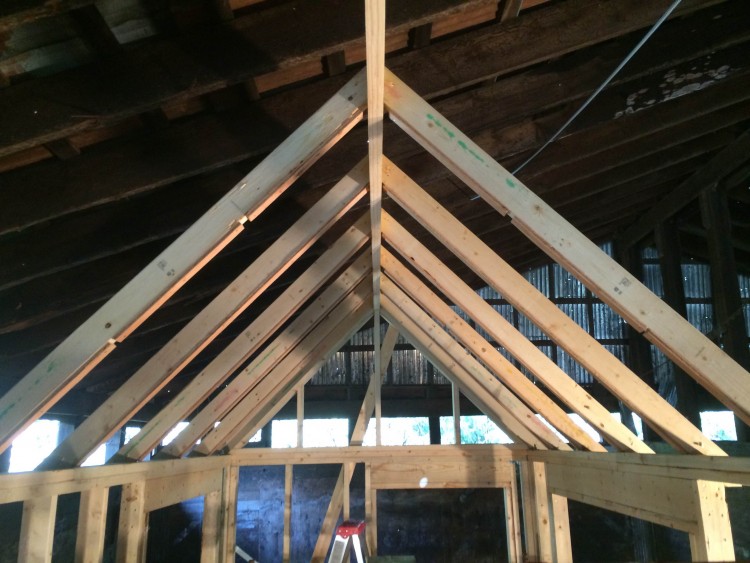 The 45 degree rafters in place