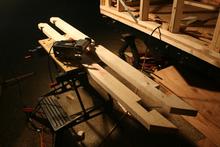 Rafters. The rectangular cutouts are to accommodate 'lookouts' which will support the roof overhang